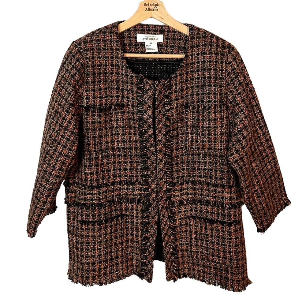 Misook Orange & Black Tweed Classic Wool Blend Blazer Jacket Women's Size XL EUC